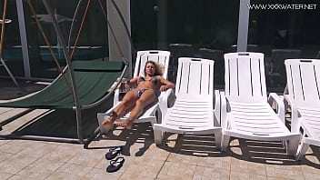 Poolside tight pussy masturbation and naked swimming